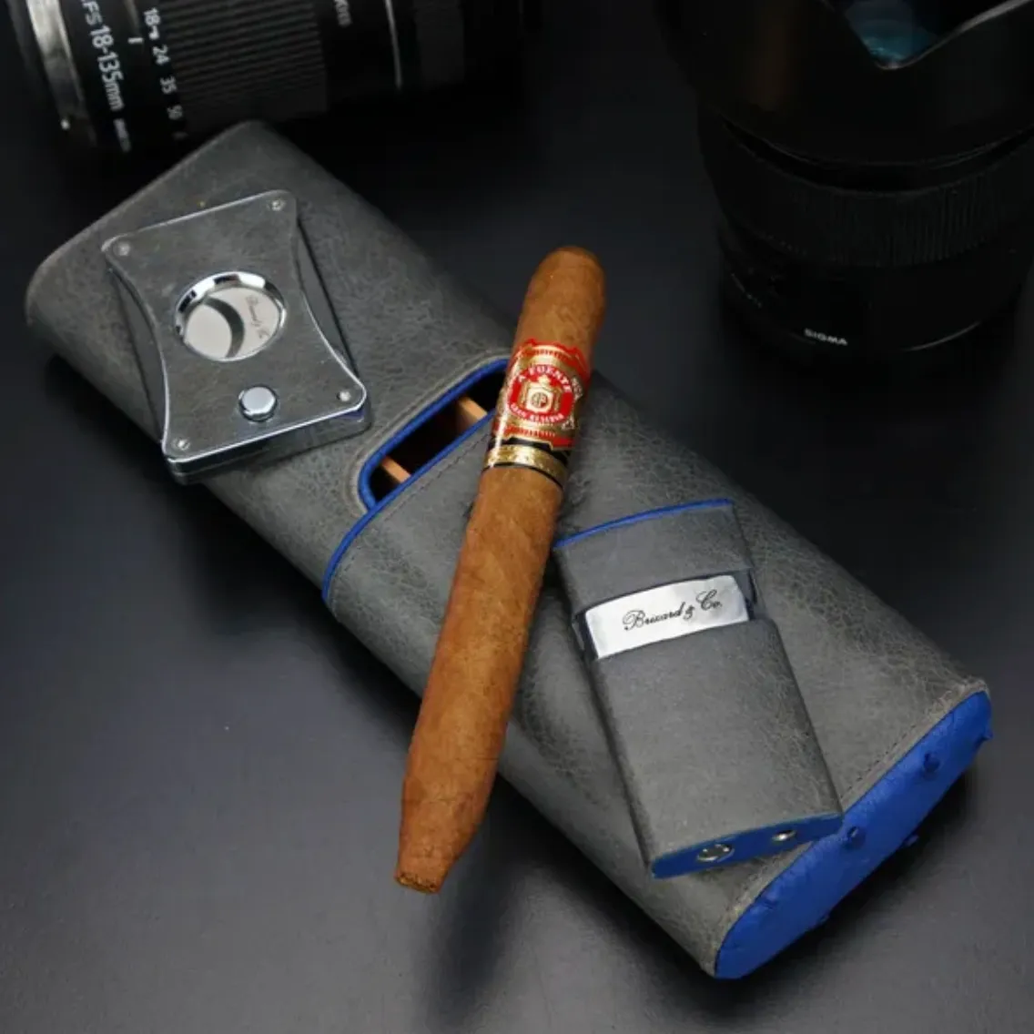 The "Show Band" 3 Cigar Case - Gray Leather and Blue Ostrich