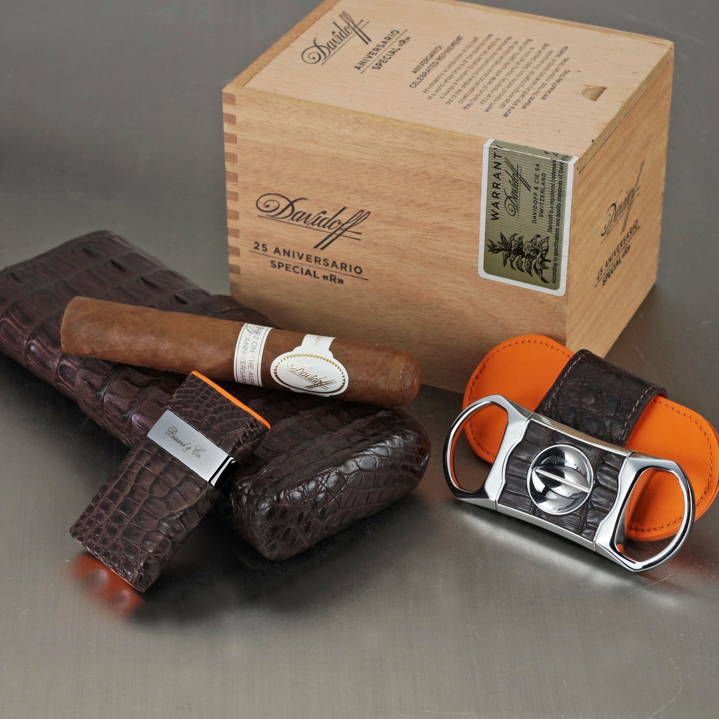 Venezia Lighter - Genuine Tobacco Caiman Alligator and Orange Leather