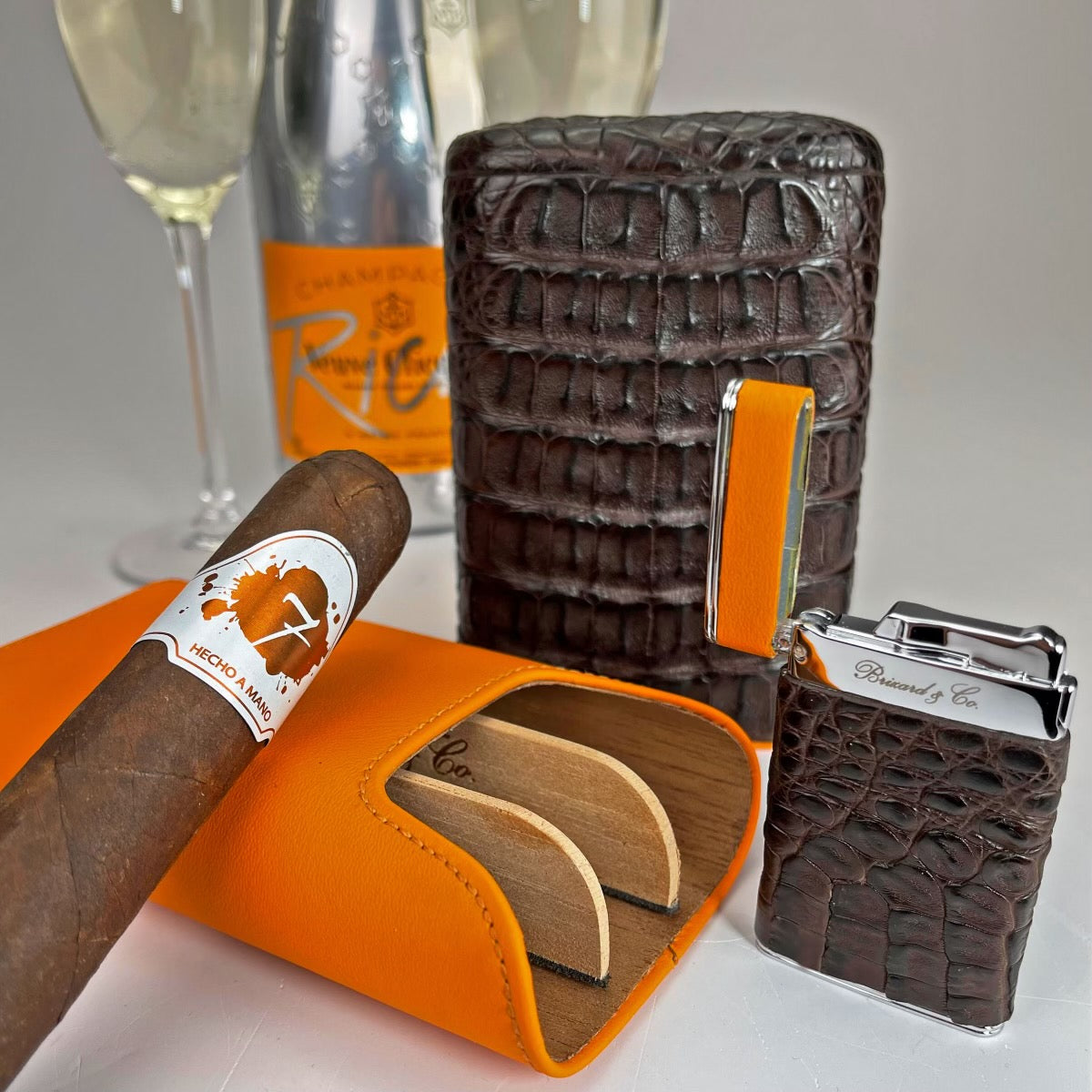 The "Sottile" Lighter - Genuine Tobacco Caiman Alligator and Orange Leather