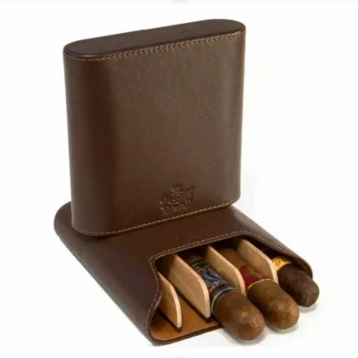 The "Show Band" 5 Cigar Case - Coffee Leather and Macassar Ebony