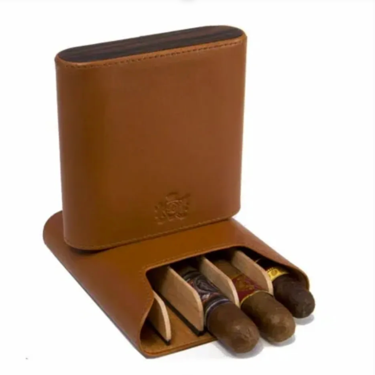The "Show Band" 5 Cigar Case - Tan Leather and Macassar Ebony
