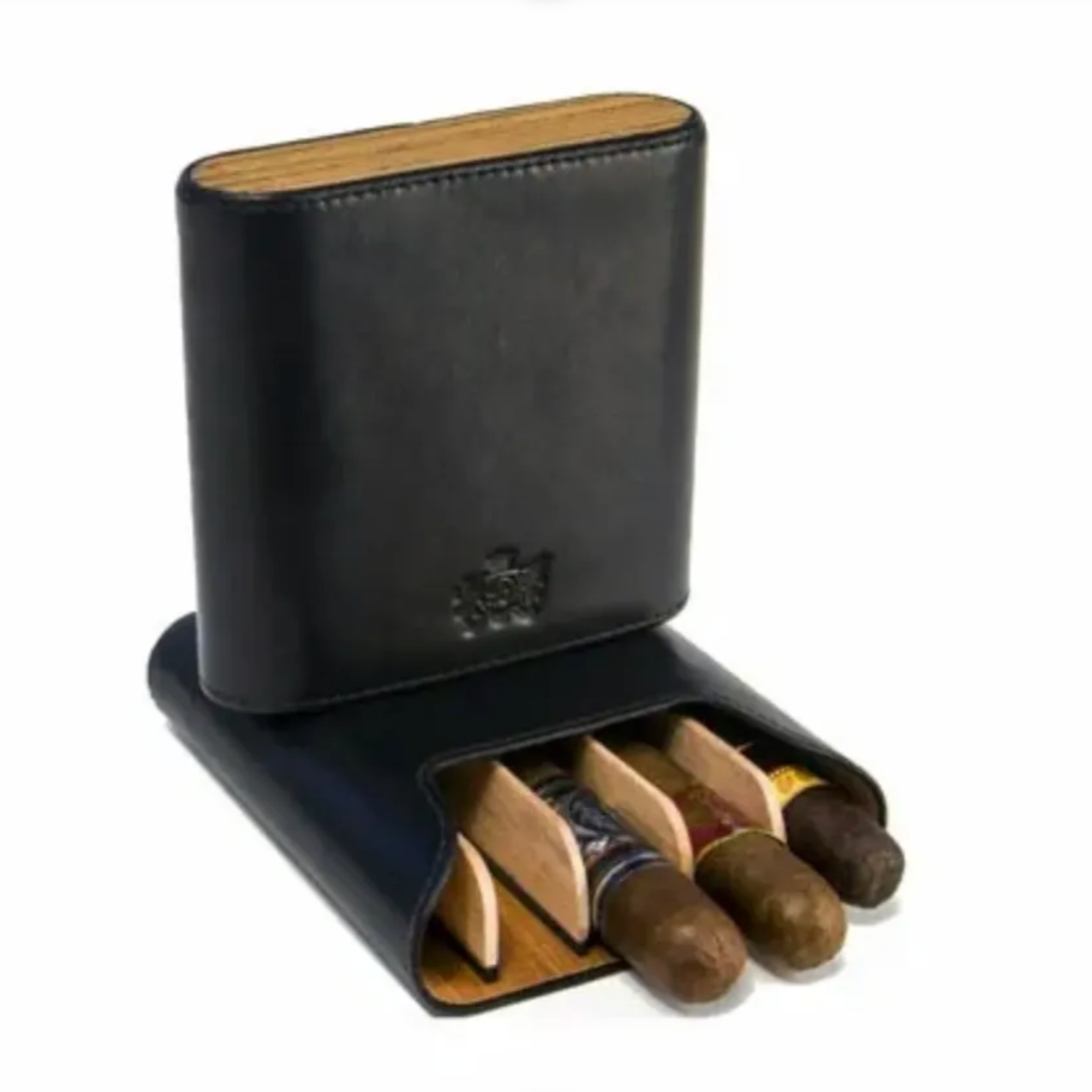 The "Show Band" 5 Cigar Case - Black Leather and Zebrawood
