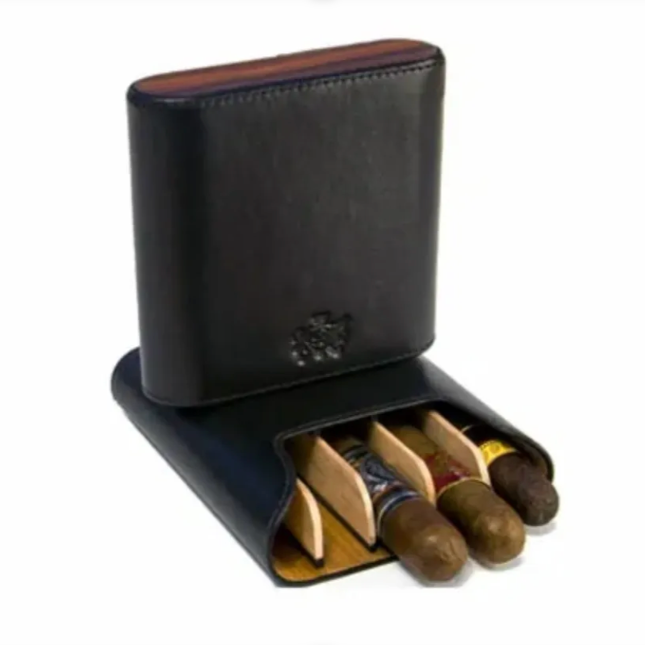 The "Show Band" 5 Cigar Case - Black Leather and Rosewood