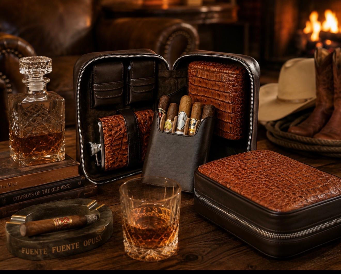 Havana Traveler - Genuine Cognac Caiman Alligator and Coffee Leather