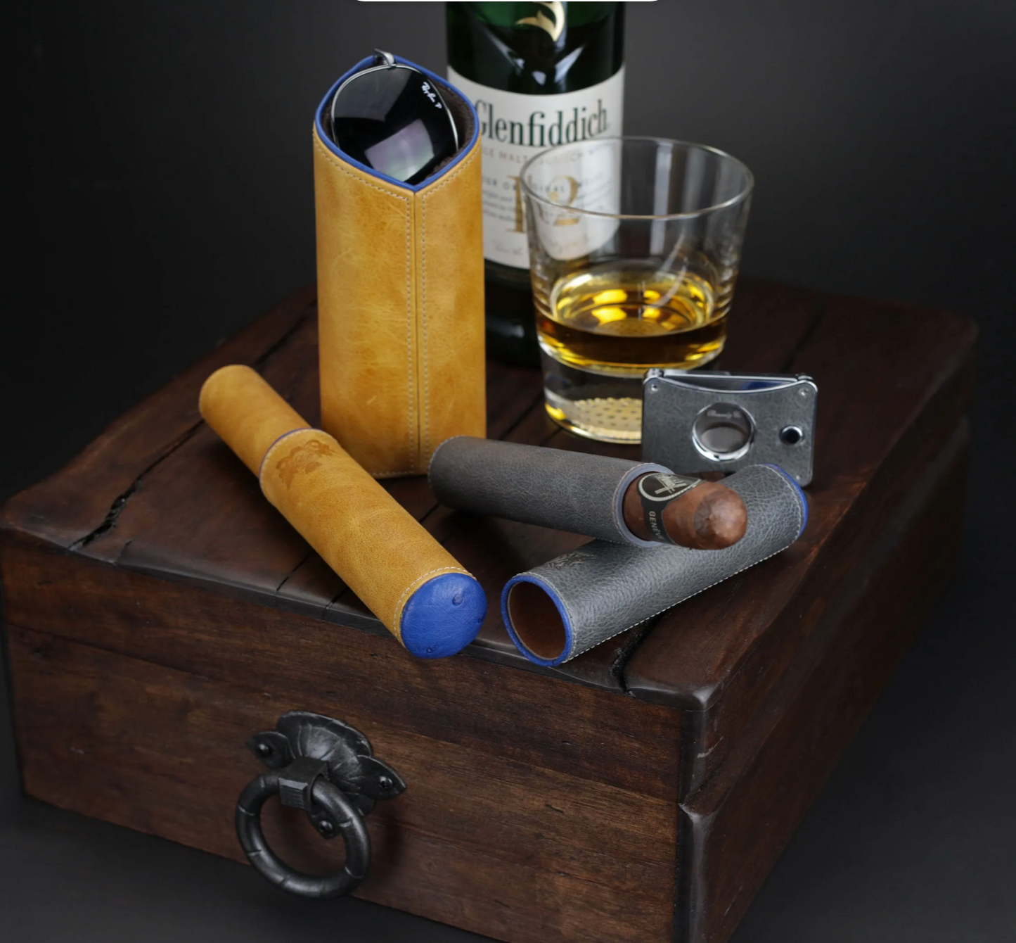The Single Cigar Tube - Blue Ostrich and Camel Color Leather