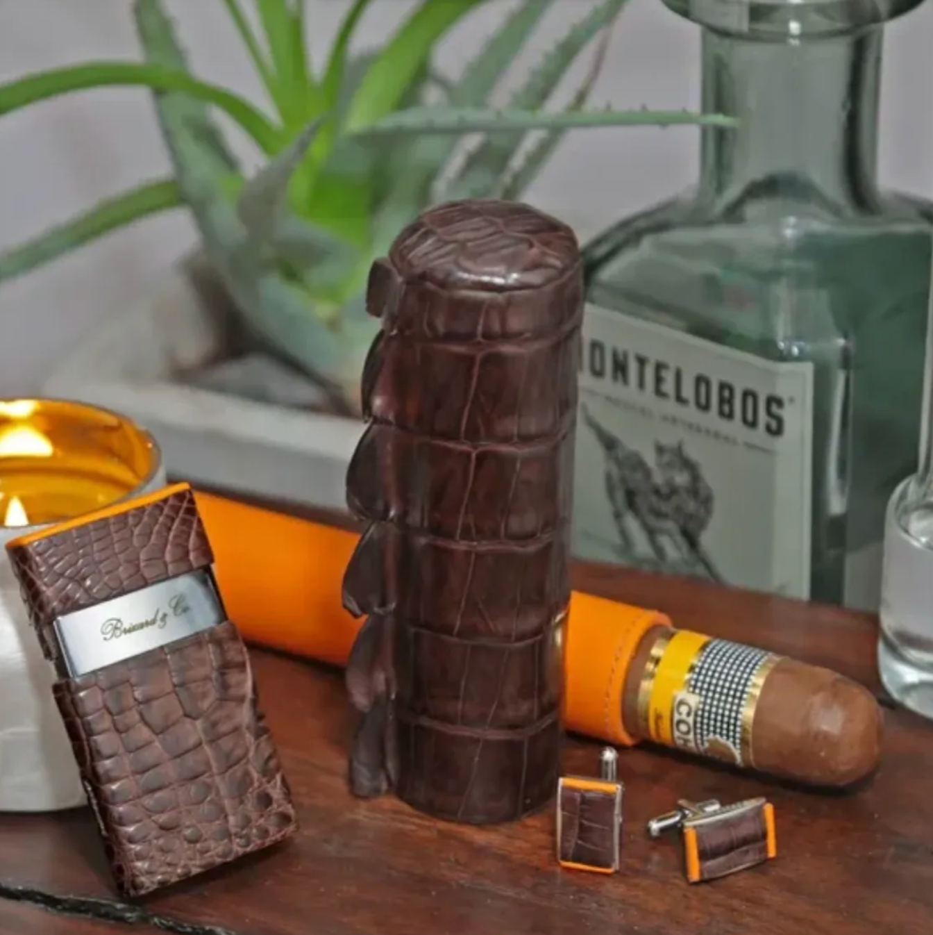 The Single Cigar Tube - Genuine Tobacco Caiman Alligator and Orange Leather