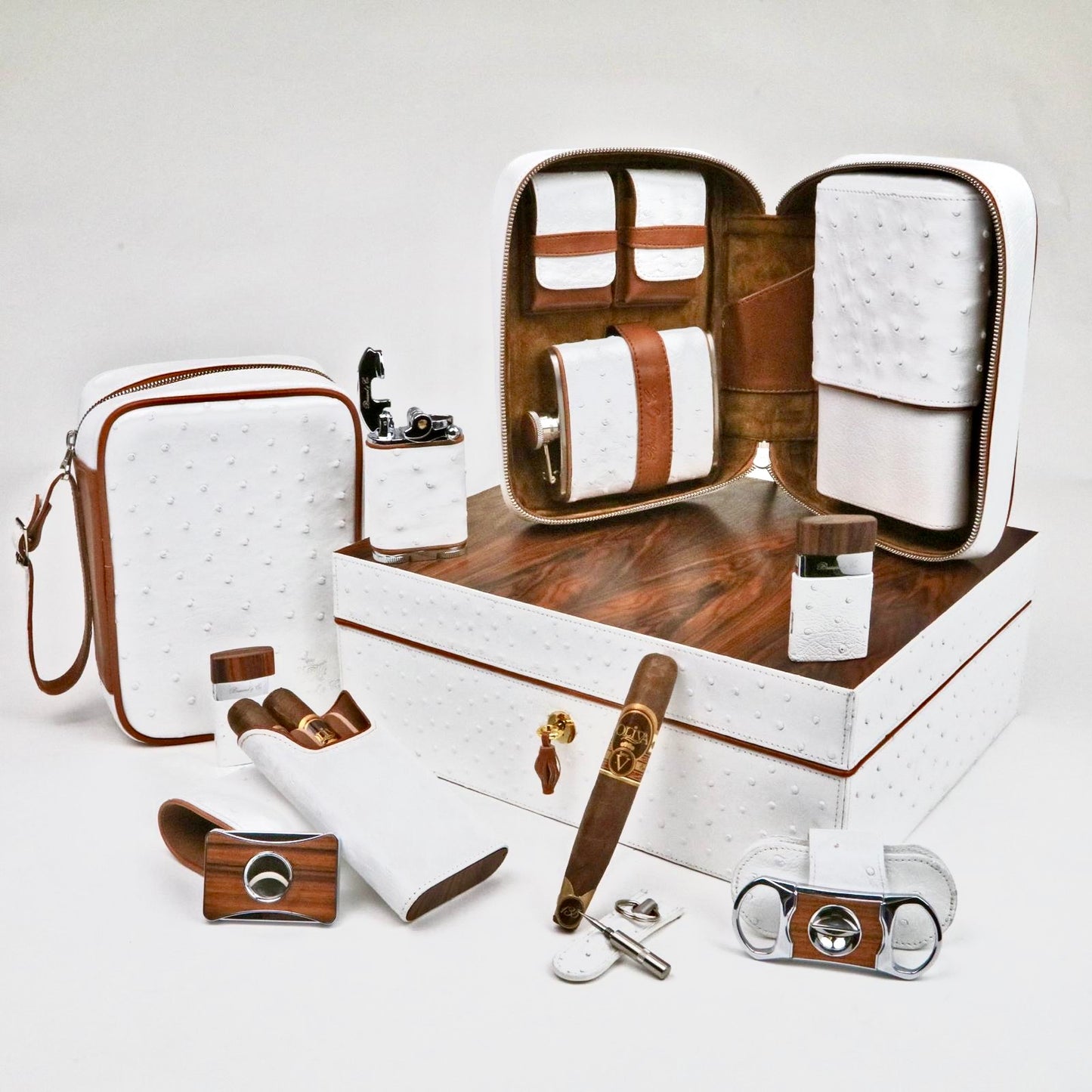 The "Airflow" Cigar Humidor - White Ostrich Leather and Rosewood (60/70 Count)