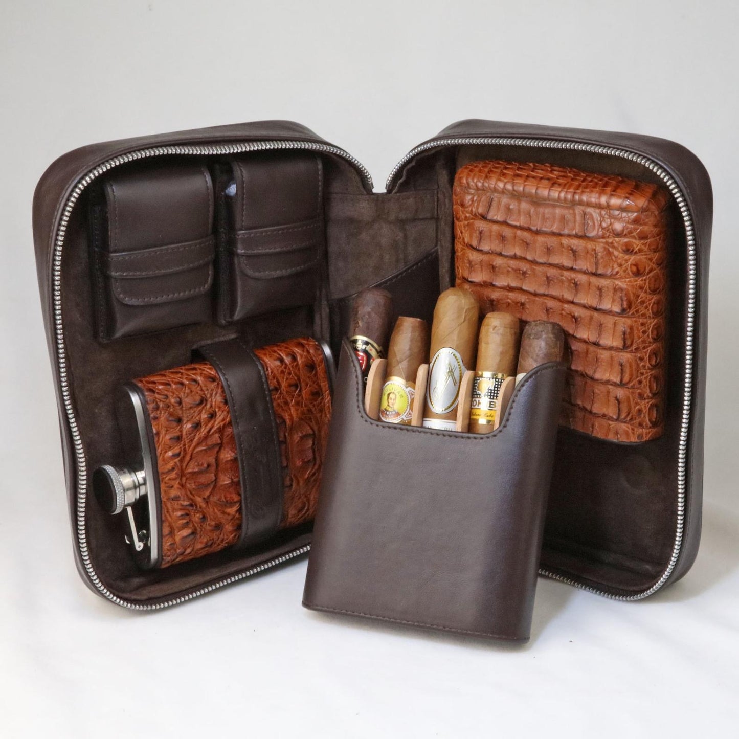 Havana Traveler - Genuine Cognac Caiman Alligator and Coffee Leather