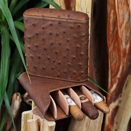 The "Show Band" 5 Cigar Case - Ostrich Antique Saddle