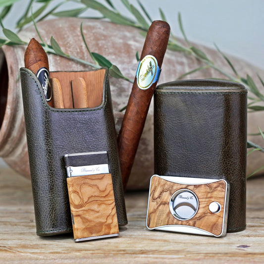 The "Show Band" 3 Cigar Case - Antique Olive Leather