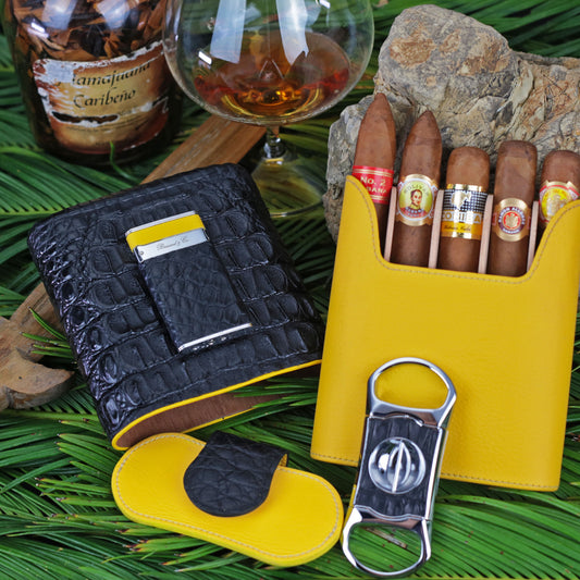 The "Show Band" 5 Cigar Case - Genuine Black Caiman Alligator and Yellow Leather