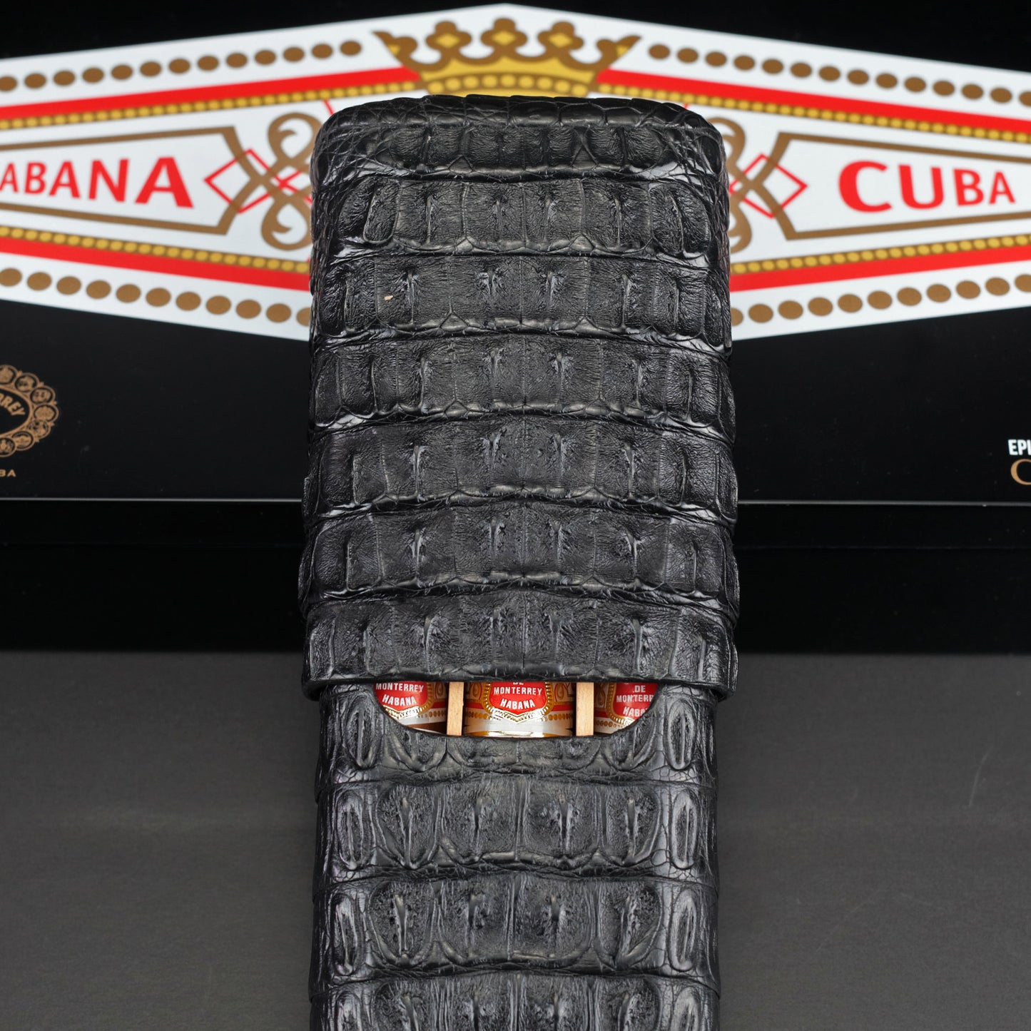The "Show Band" 3 Cigar Case - Genuine Black Caiman Alligator