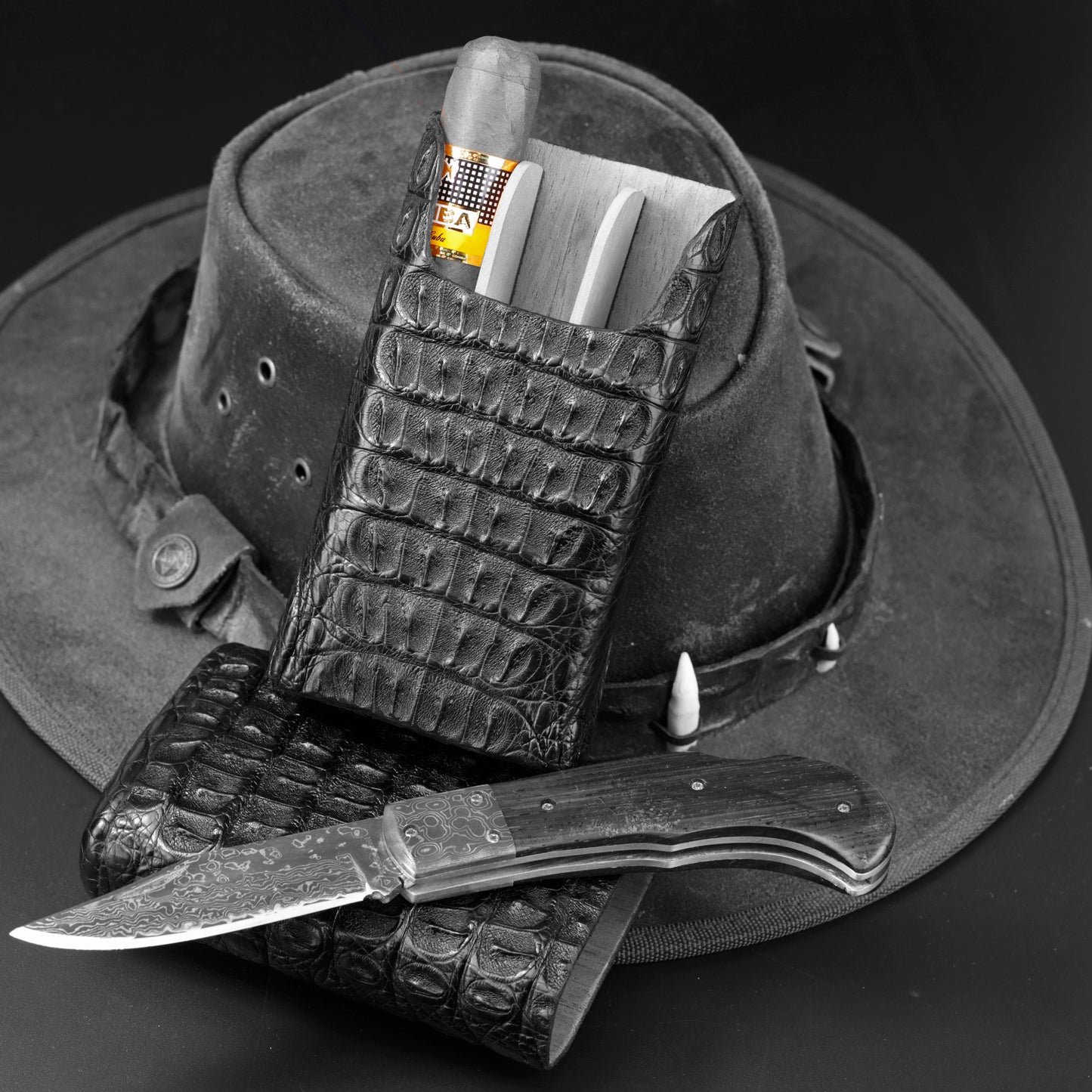 The "Show Band" 3 Cigar Case - Genuine Black Caiman Alligator