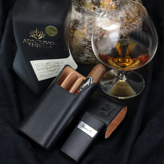 The "Show Band" 3 Cigar Case - Black Leather