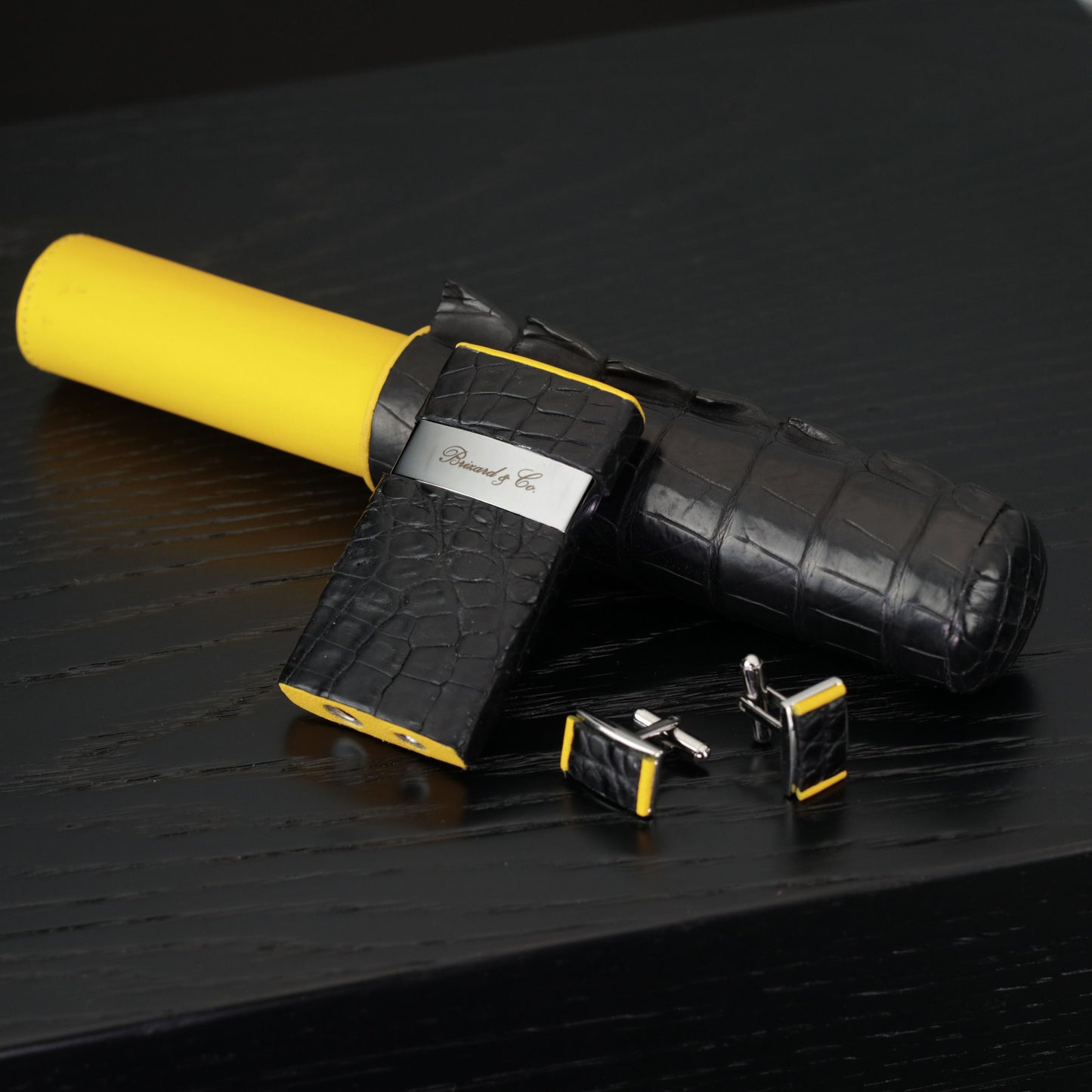 Cufflinks - Genuine Black Caiman Alligator and Yellow Leather