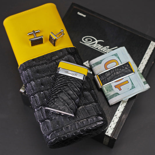 The "Sottile" Lighter - Genuine Black Caiman Alligator and Yellow Leather