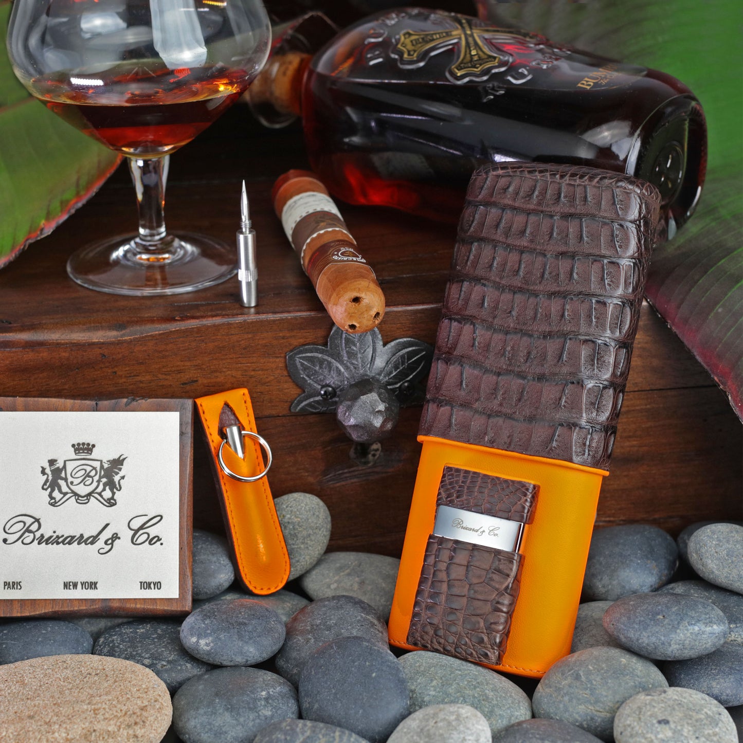 The "Show Band" 3 Cigar Case - Genuine Tobacco Caiman Alligator and Orange Leather
