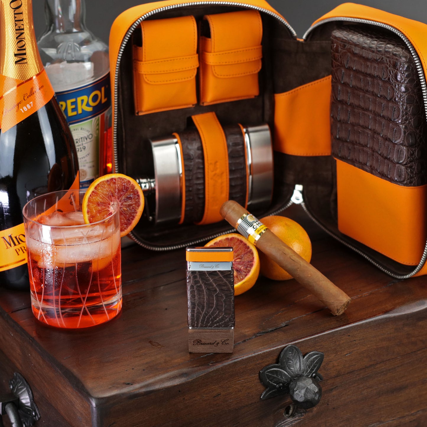 The "Sottile" Lighter - Genuine Tobacco Caiman Alligator and Orange Leather