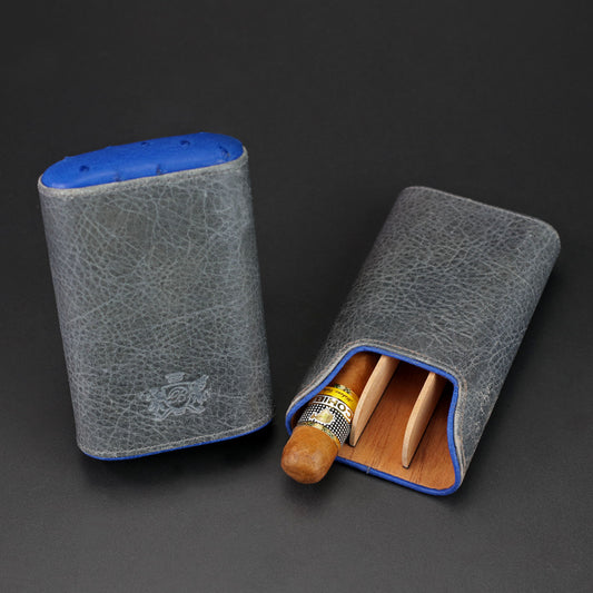 The "Show Band" 3 Cigar Case - Gray Leather and Blue Ostrich