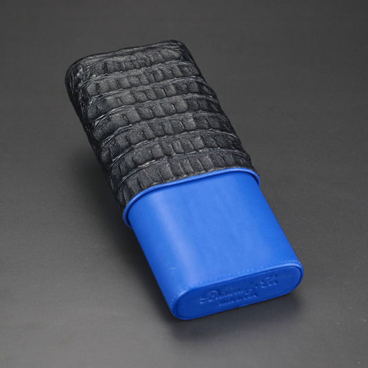 The "Show Band" 3 Cigar Case - Genuine Black Caiman Alligator and Blue Leather