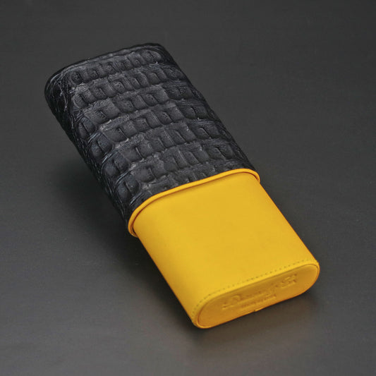 The "Show Band" 3 Cigar Case - Genuine Black Caiman Alligator and Yellow Leather