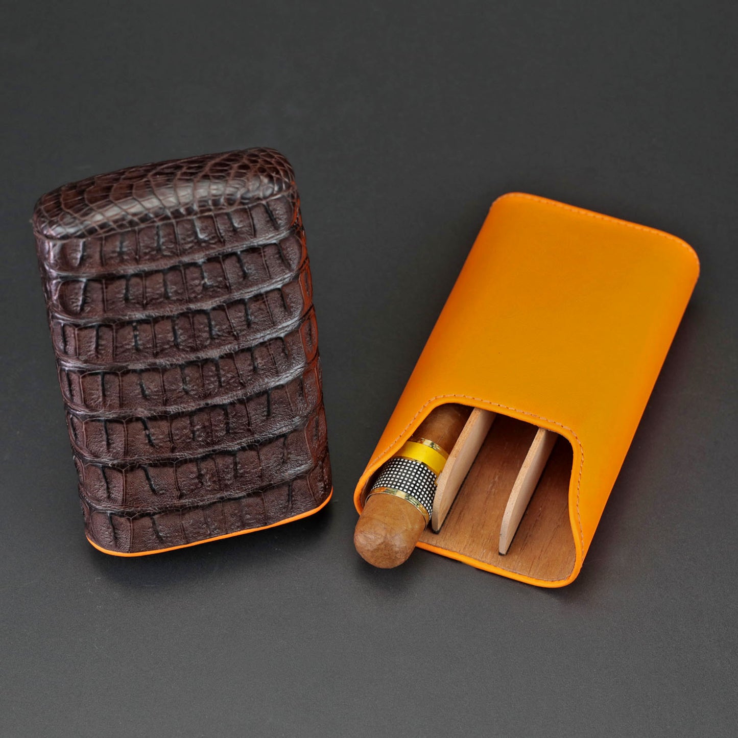 The "Show Band" 3 Cigar Case - Genuine Tobacco Caiman Alligator and Orange Leather
