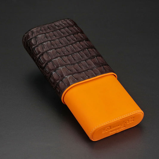The "Show Band" 3 Cigar Case - Genuine Tobacco Caiman Alligator and Orange Leather