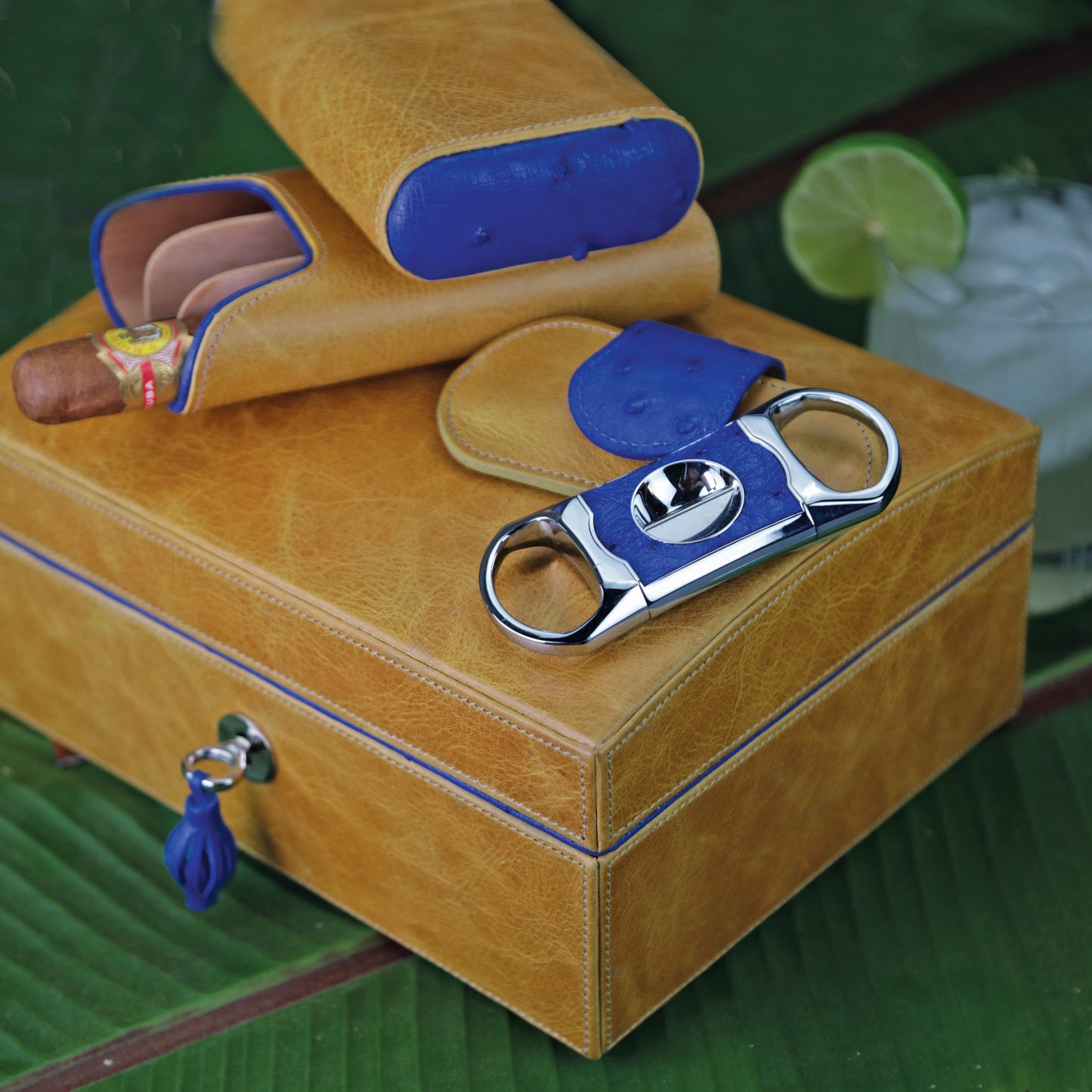 "La Casita de Puros" Humidor - Camel and Blue Color Leather (12/20 Count)
