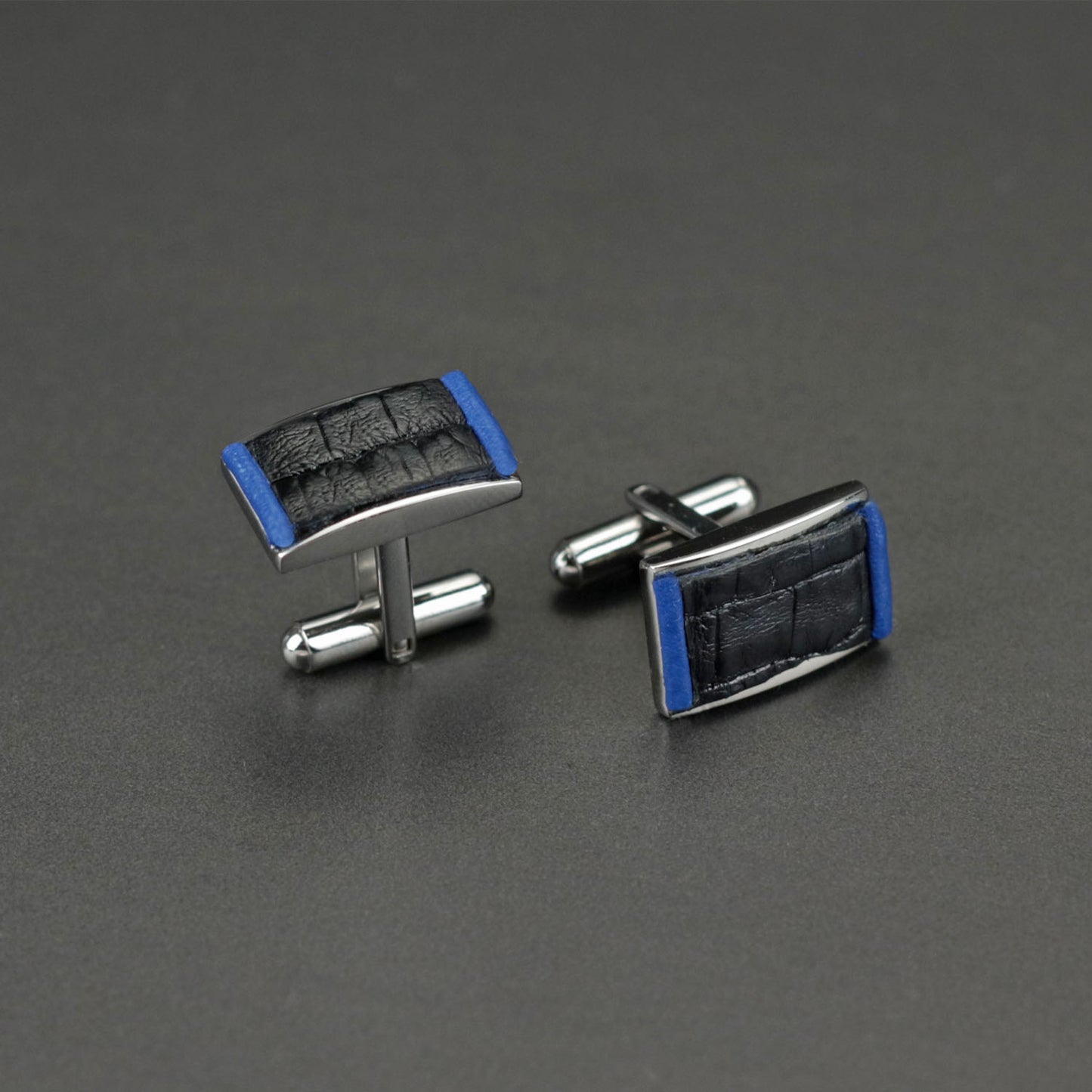 Cufflinks - Genuine Black Caiman Alligator and Blue Leather