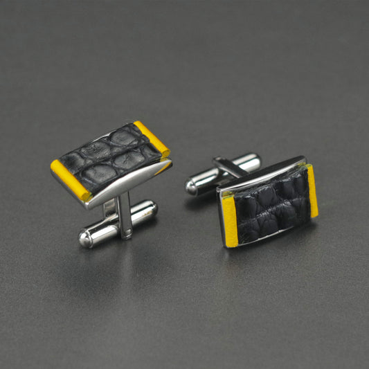 Cufflinks - Genuine Black Caiman Alligator and Yellow Leather