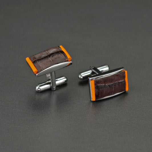 Cufflinks - Genuine Tobacco Caiman Alligator and Orange Leather
