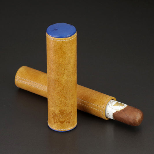The Single Cigar Tube - Blue Ostrich and Camel Color Leather