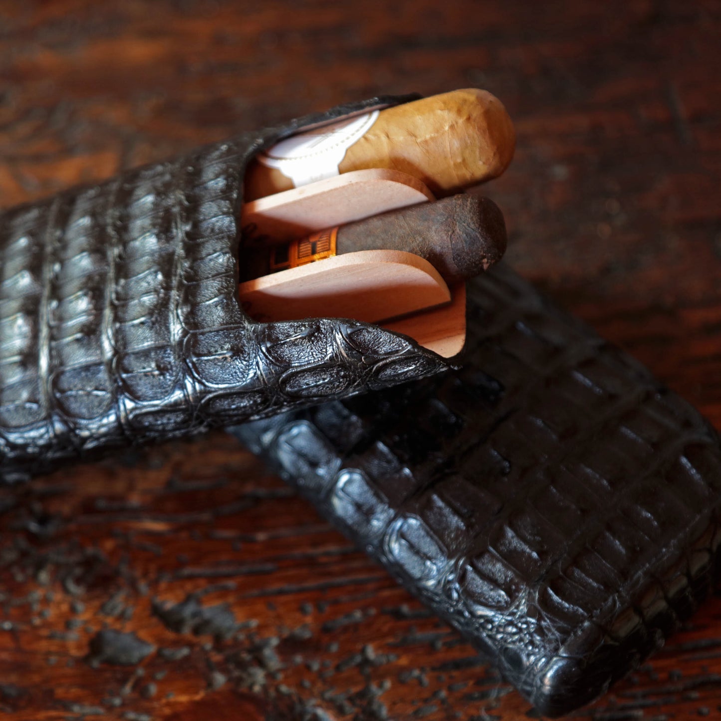 The "Show Band" 3 Cigar Case - Genuine Black Caiman Alligator