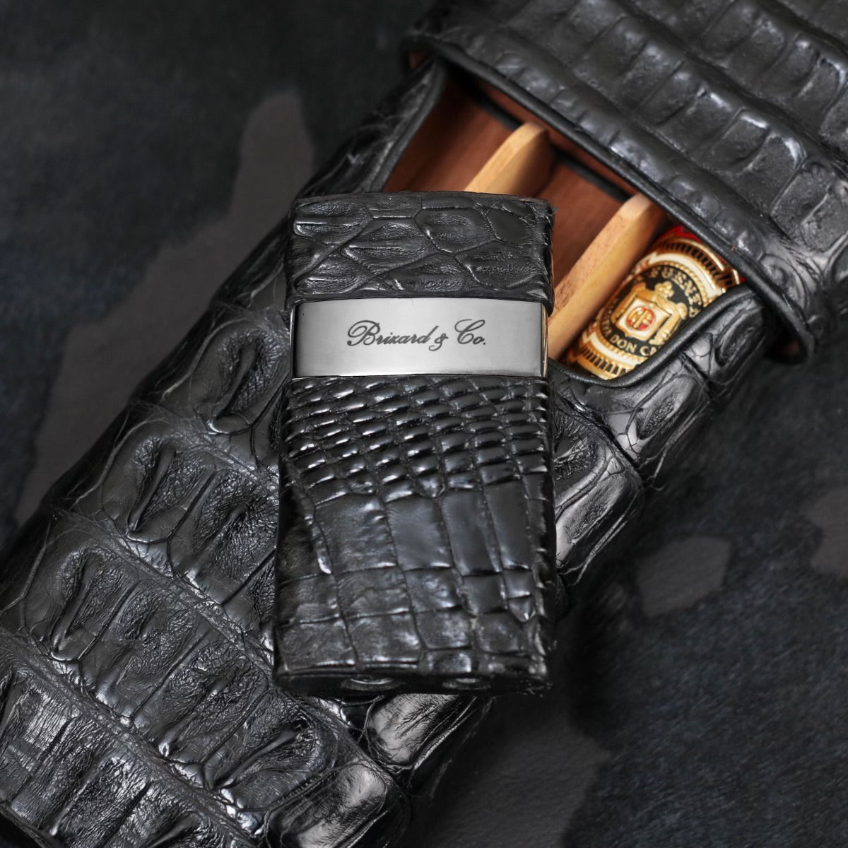 The "Show Band" 3 Cigar Case - Genuine Black Caiman Alligator