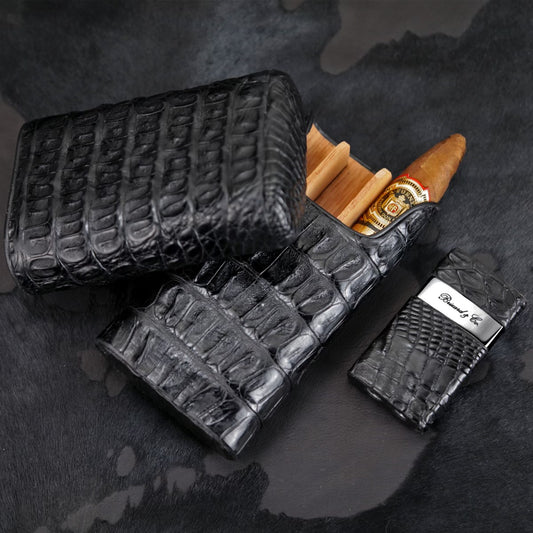The "Show Band" 3 Cigar Case - Genuine Black Caiman Alligator