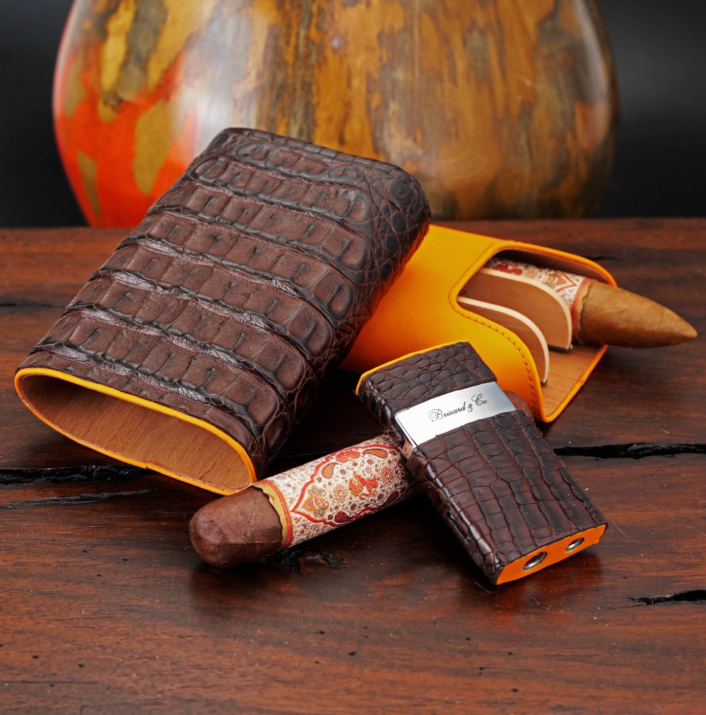 Venezia Lighter - Genuine Tobacco Caiman Alligator and Orange Leather