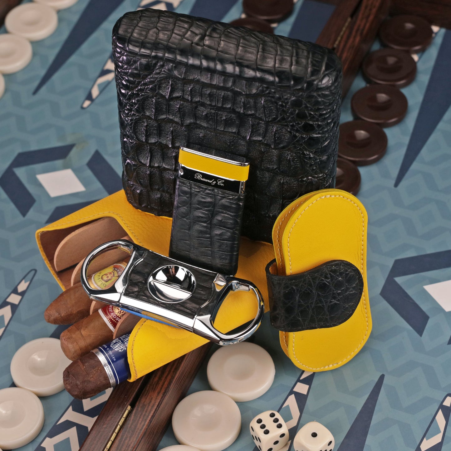 The "V" Cutter - Genuine Black Caiman Alligator and Yellow Leather