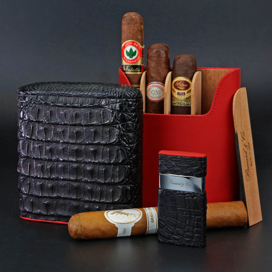 The "Show Band" 5 Cigar Case - Genuine Black Caiman Alligator and Red Leather