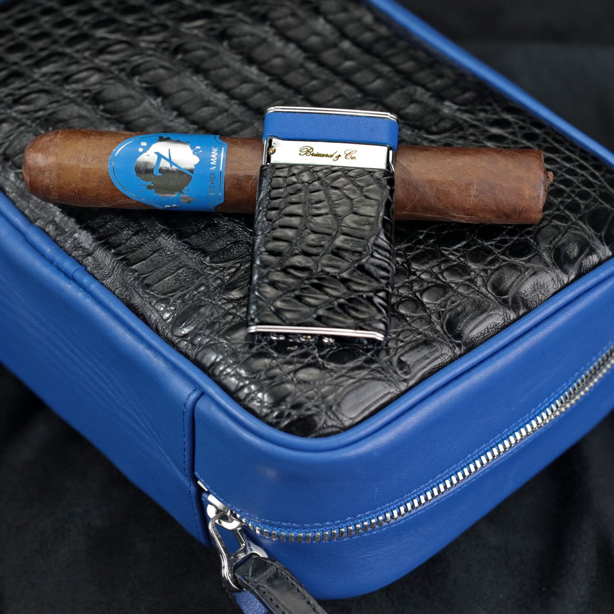 Havana Traveler - Genuine Black Caiman Alligator and Blue Leather