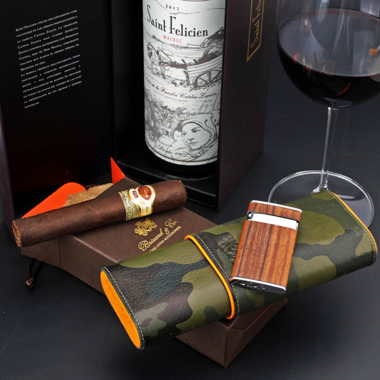 The "Show Band" 3 Cigar Case - Camouflage and Orange Leather