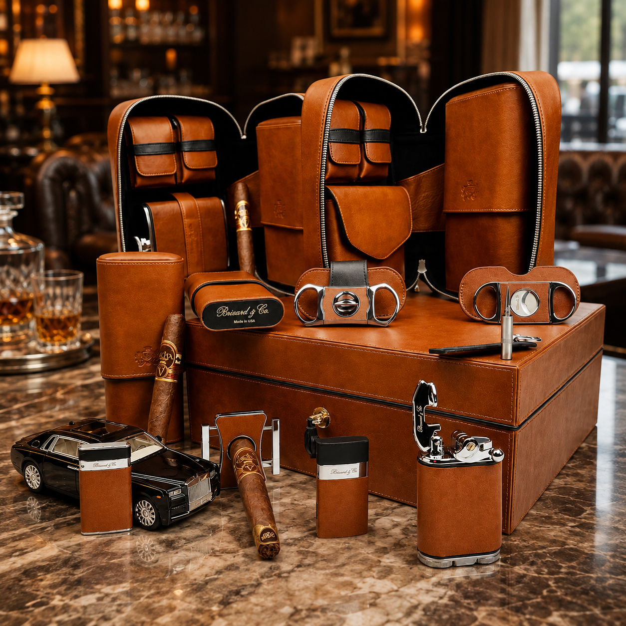 The "Airflow" Cigar Humidor - Whisky and Black Leather (60/70 Count)