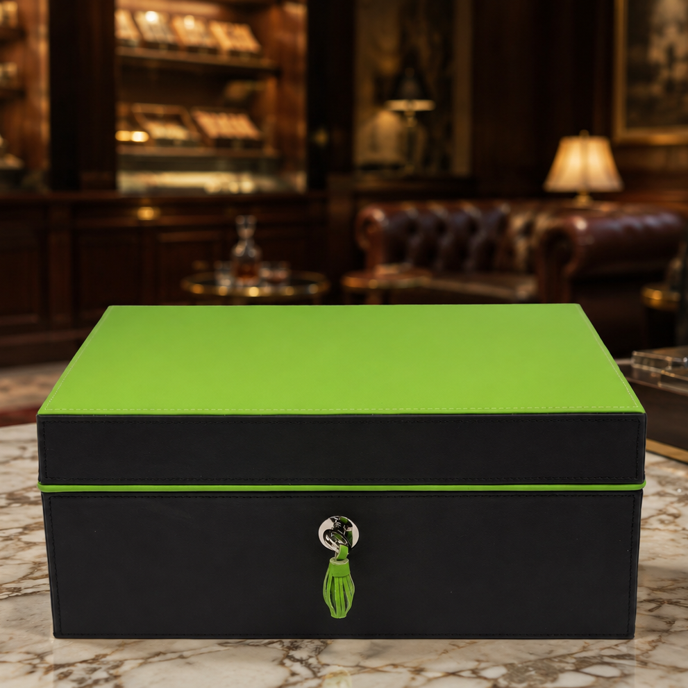 The "Airflow" Cigar Humidor - Black and Lime Green Leather (60/70 Count)