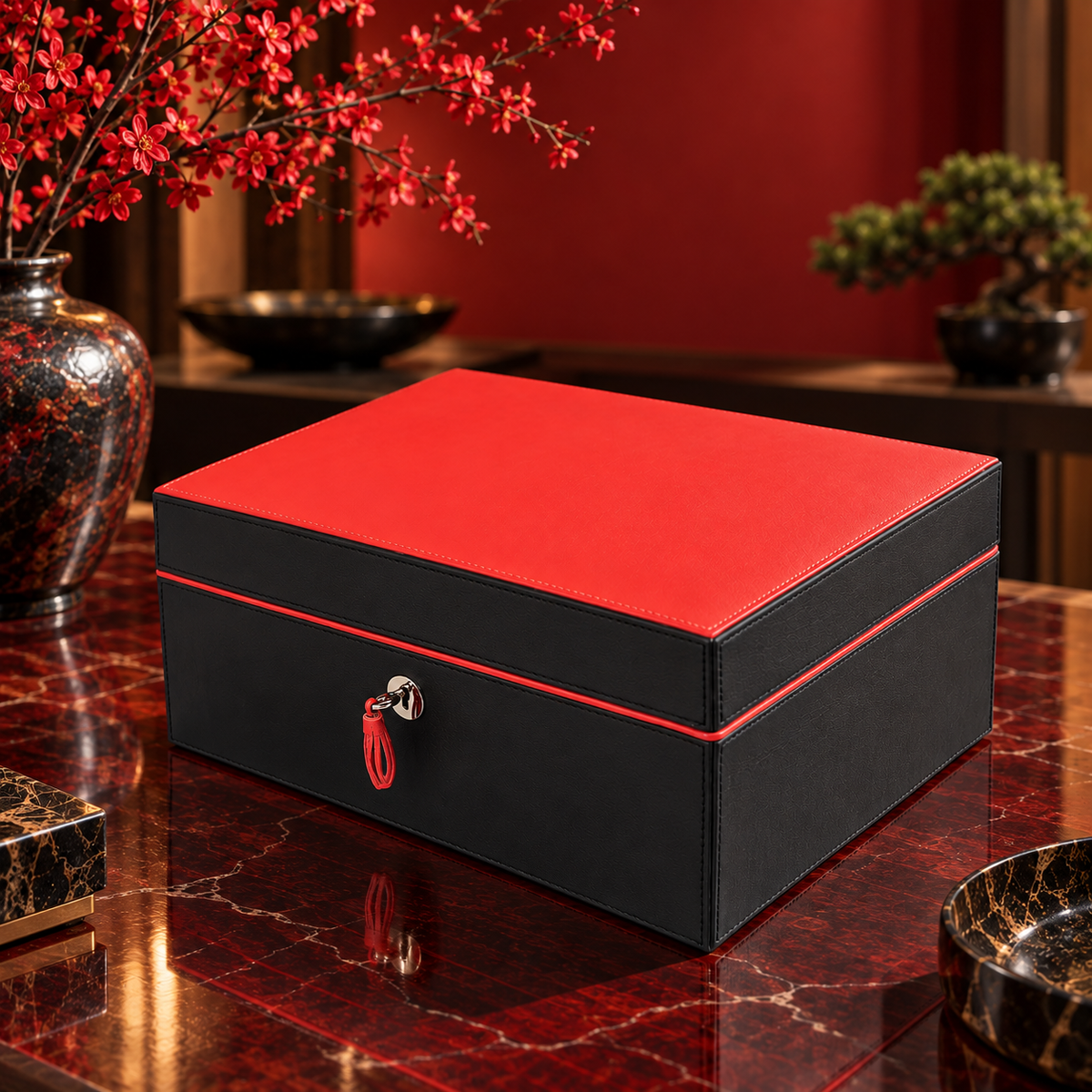 The "Airflow" Cigar Humidor - Black and Red Leather (60/70 Count)