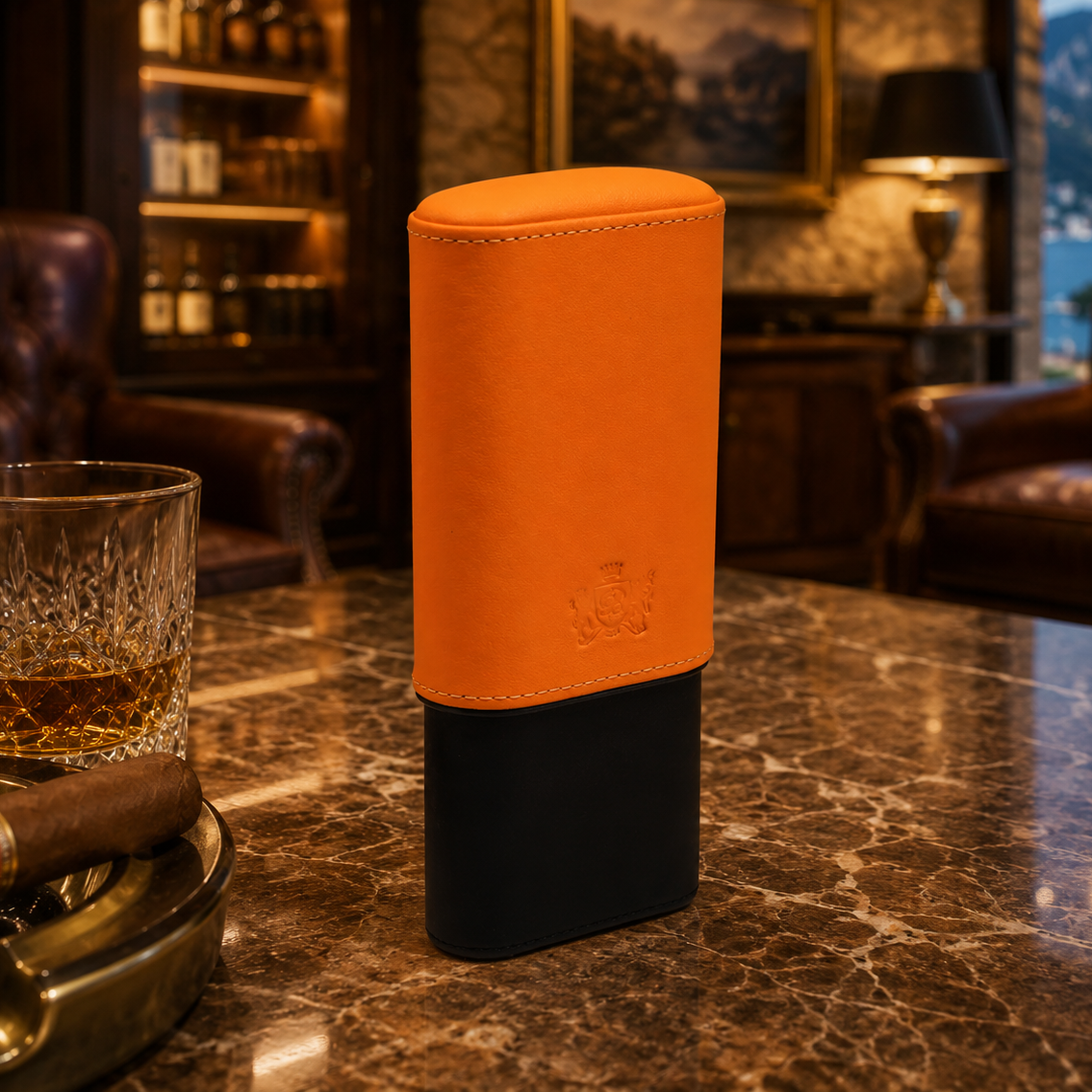 The "Show Band" 3 Cigar Case - Black and Orange Leather