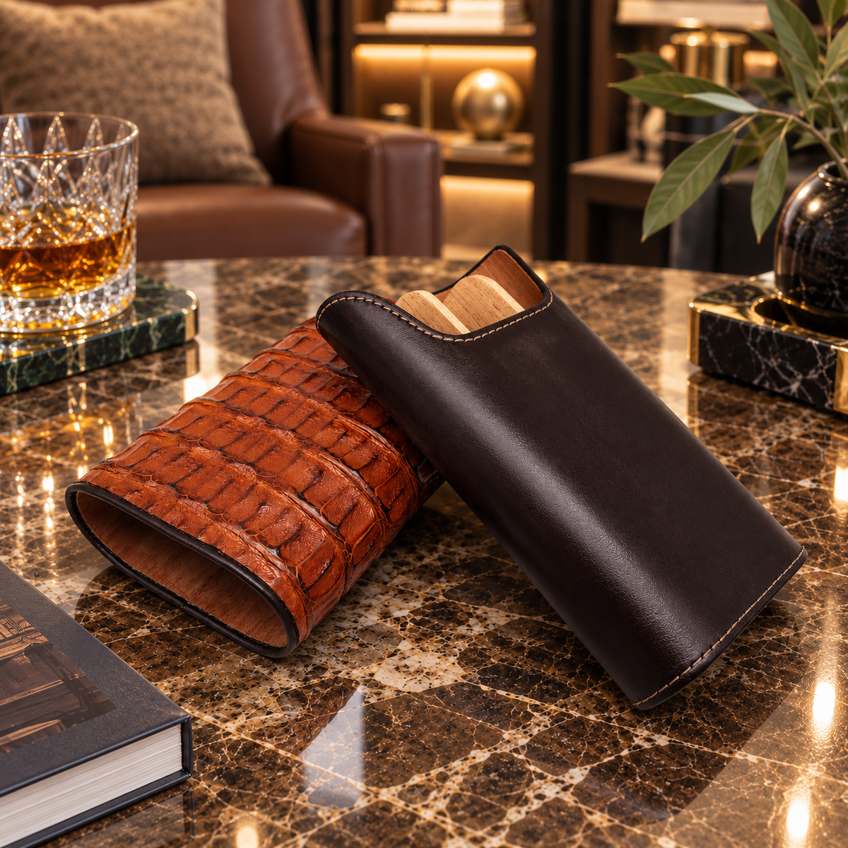 The "Show Band" 3 Cigar Case - Genuine Cognac Caiman Alligator