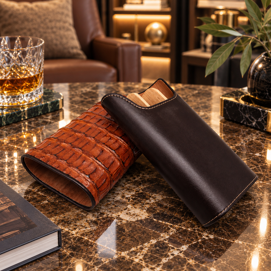 The "Show Band" 3 Cigar Case - Genuine Cognac Caiman Alligator