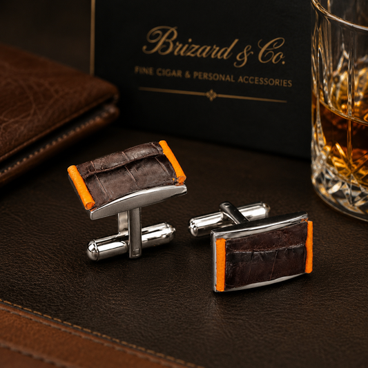 Cufflinks - Genuine Tobacco Caiman Alligator and Orange Leather