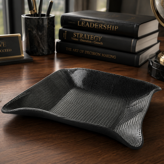 The "Valet" Leather Tray - Lizard Pattern Black