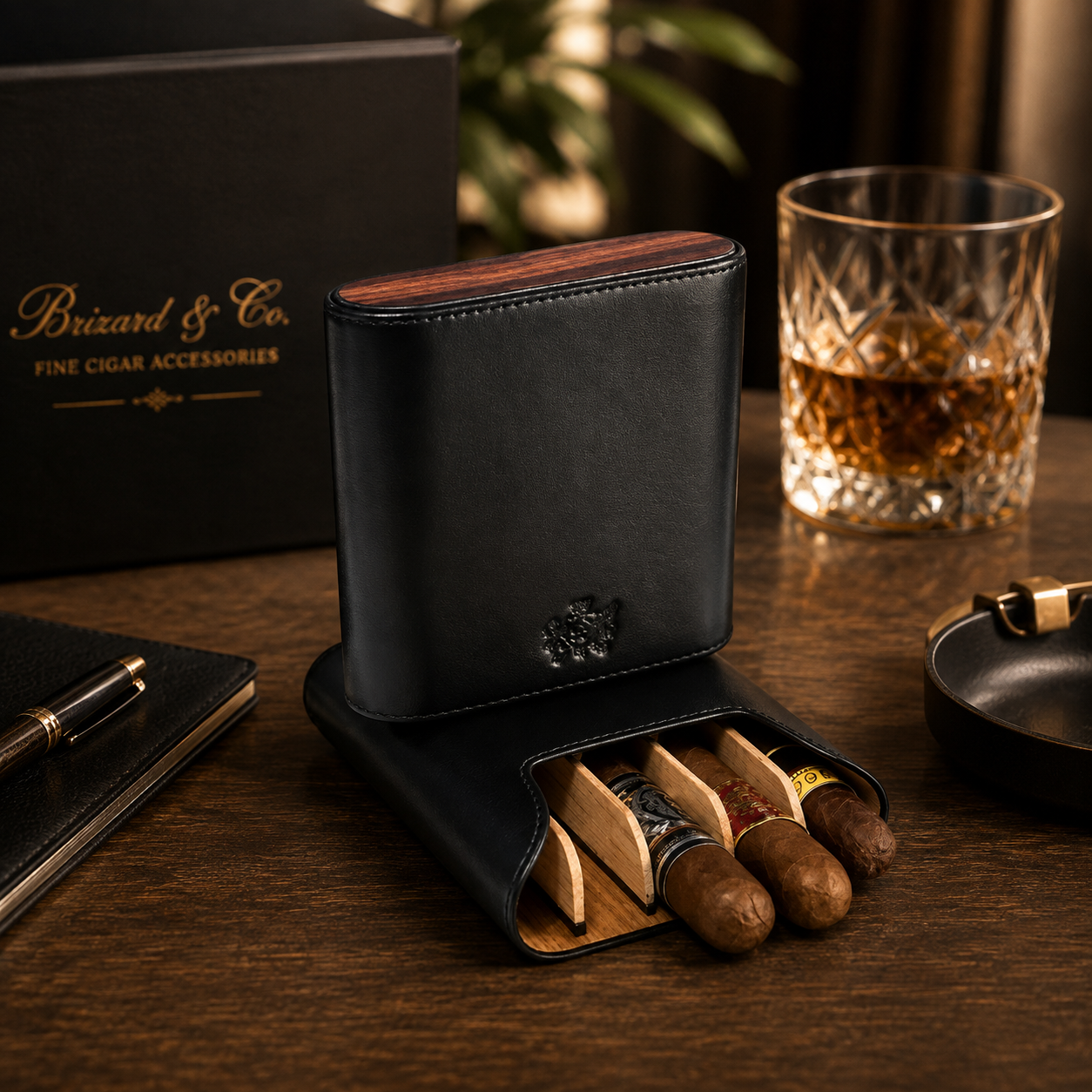 The "Show Band" 5 Cigar Case - Black Leather and Rosewood