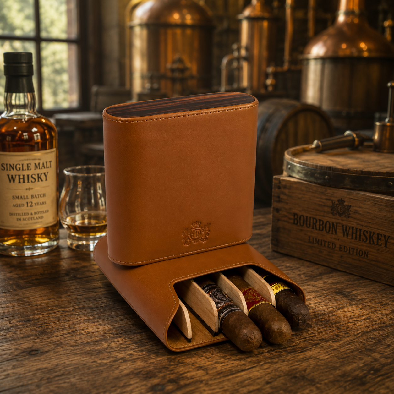 The "Show Band" 5 Cigar Case - Tan Leather and Macassar Ebony